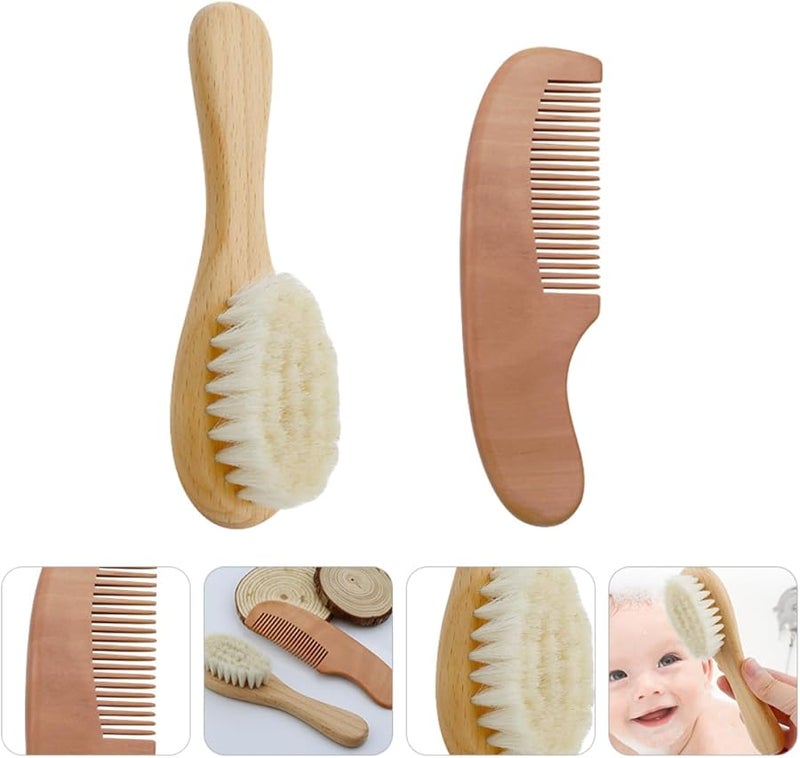 Soft Wool Baby Shower Brush and Wood Comb Set for Newborns Gentle Scalp Care - Image 4